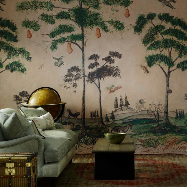 Kaye Watson-Smyth and Sophie Robinson discuss new ways with wallpapers on the Great Indoors podcast. Here the mythical land panel wallpaper by andrew martin adds a sense of drama and is a new take on the mural. #wallpaper #thegreatindoors #madaboutthehouse