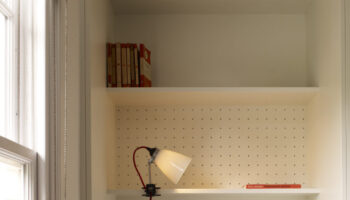 Original BTC - Hector medium dome clip light with red cotton braided flex - home office lighting - lifestyle - Portrait