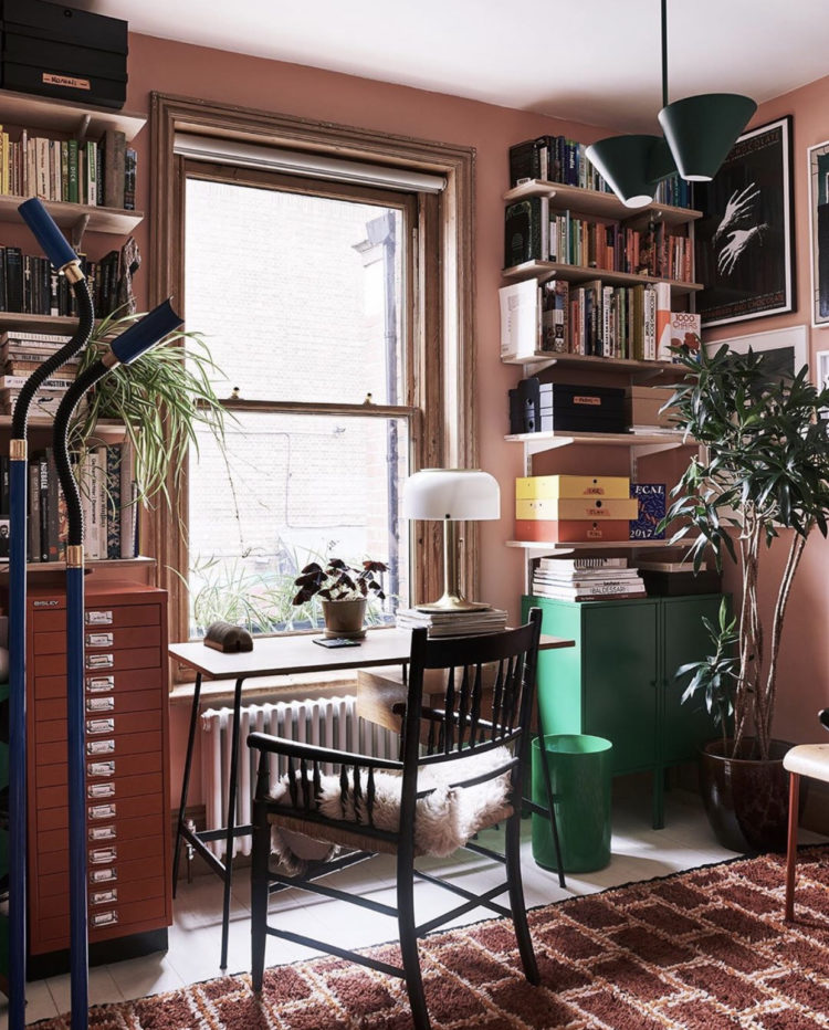 A look at some inspiring room schemes with Kate Watson-Smyth. This home office features a terracotta filing cabinet is a darker shade than the walls and the green cupboard provides a glorious jolt of contrast. #homeoffice #terracottascheme #madaboutthehouse