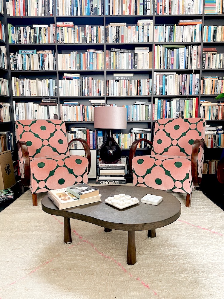 mid century modern chairs upholstered in Orla Keily Jade Spot fabric in the library of Madaboutthehouse.com