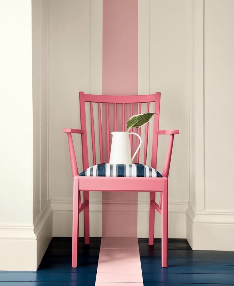 paint by little green company: floor royal navy stripe in hellebore, chair in carmine and wall in hollyhock