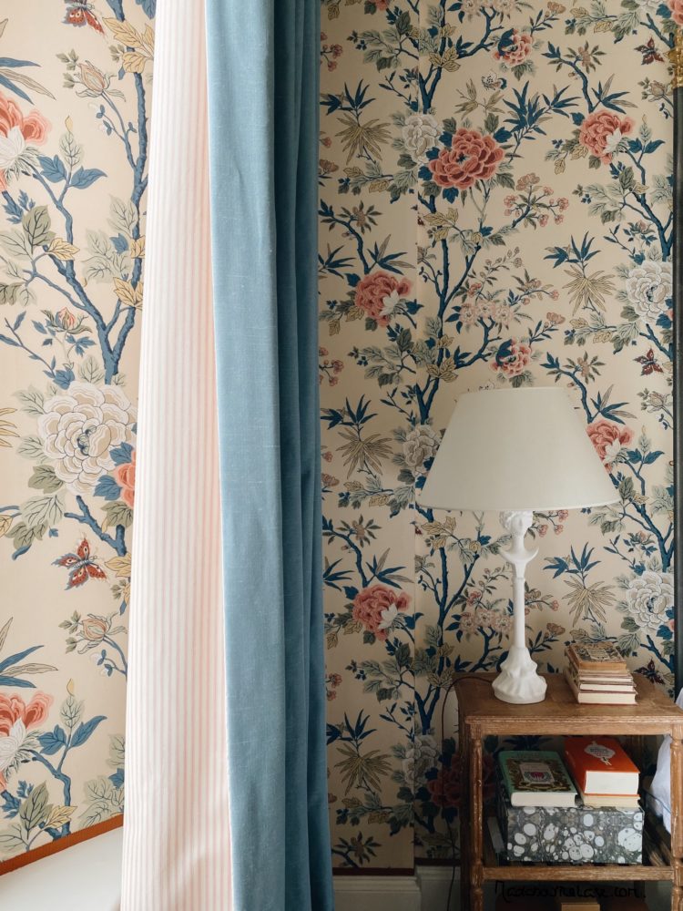 striped curtain lining and flowery fabric wall at skye mcalpine