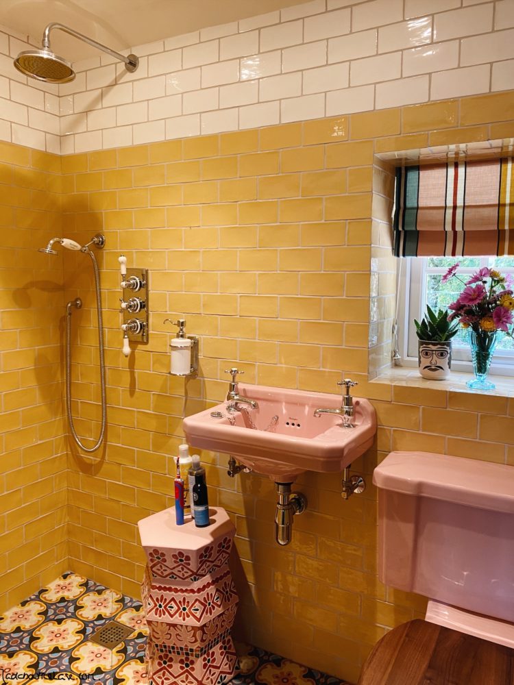 pink and yellow wet room at sophie robinson house