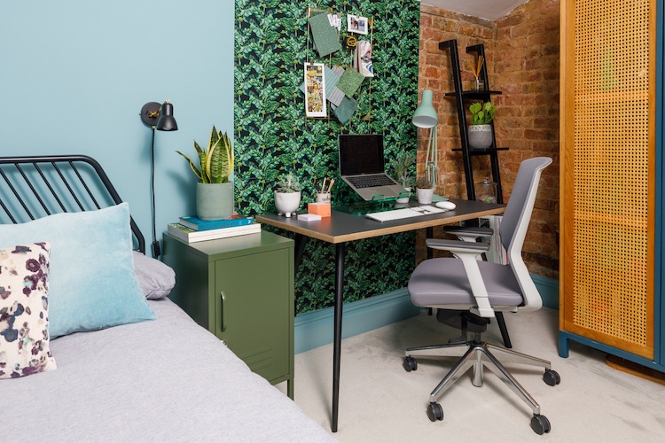use botanical wallpaper to give you green views and zone a workspace via trifle creative
