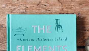 The elements of a home book by Amy Azzarito. Turquoise cover on vintage wooden table