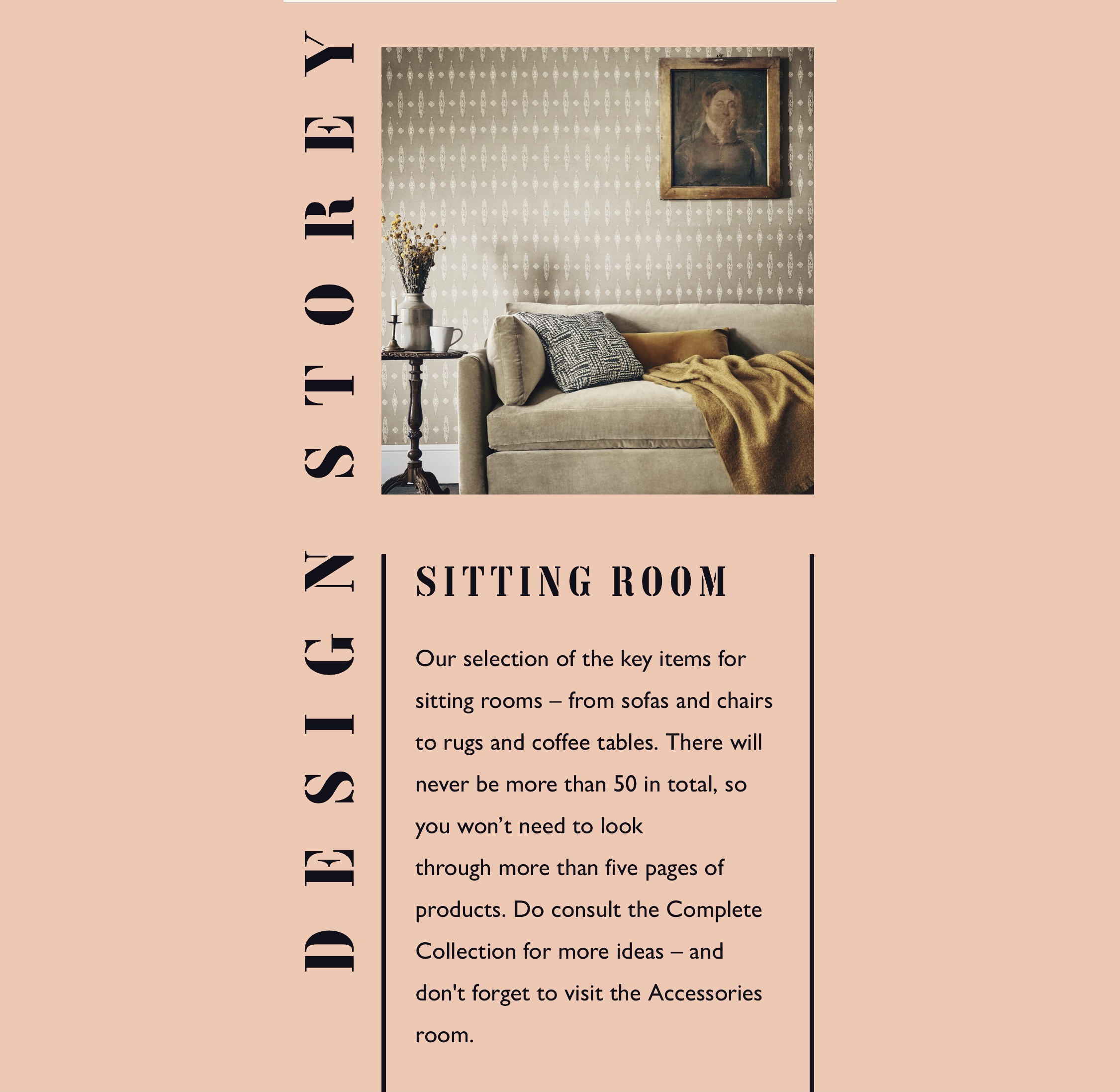 Design Storey landing page for Sitting room. Peach graphic with neutral geometric patterned wallpaper and sand velvet sofa