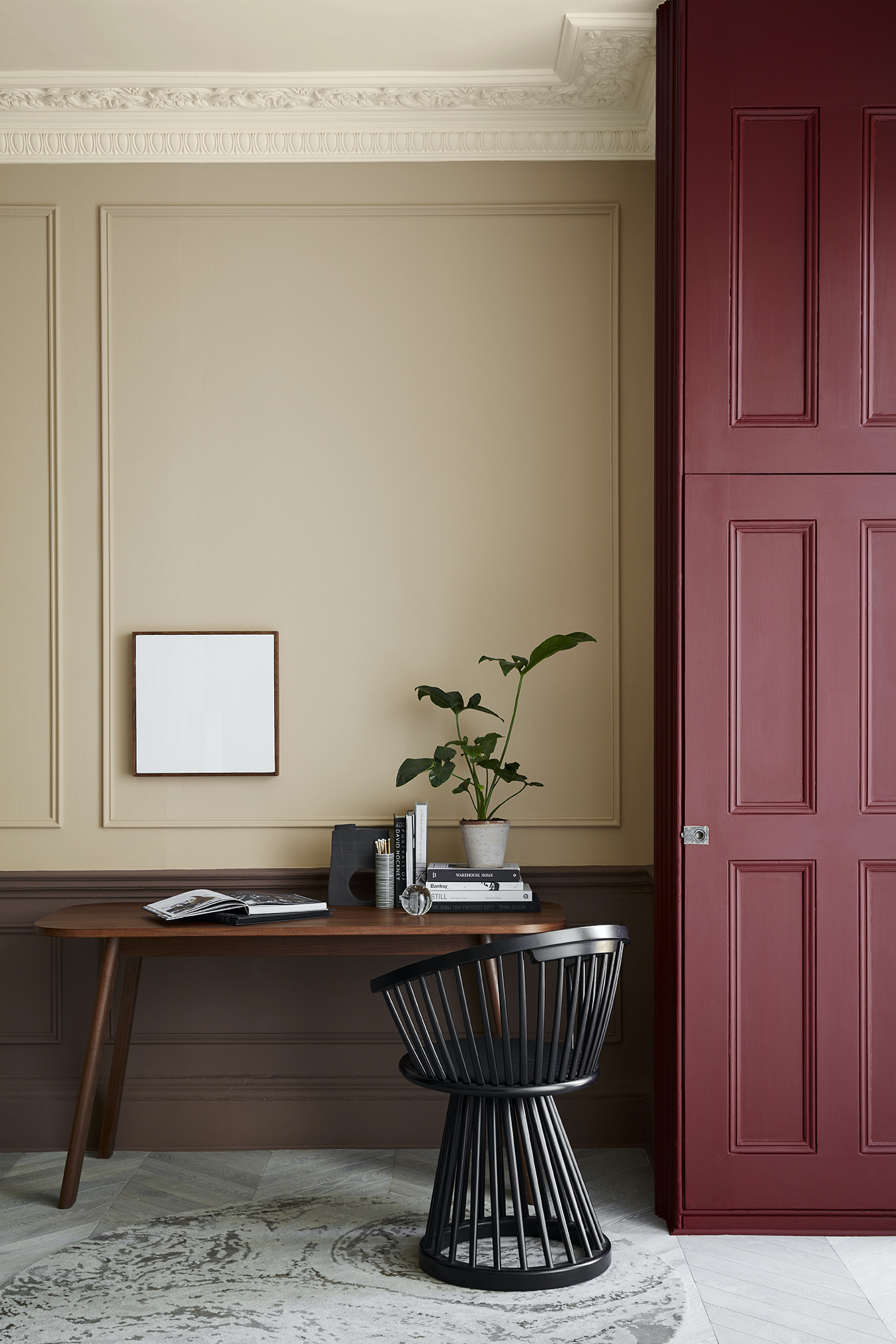 The new stone collection from little greene: arras on the door, netherone on the lower wall, castell pink above and ferdinand on the ceiling