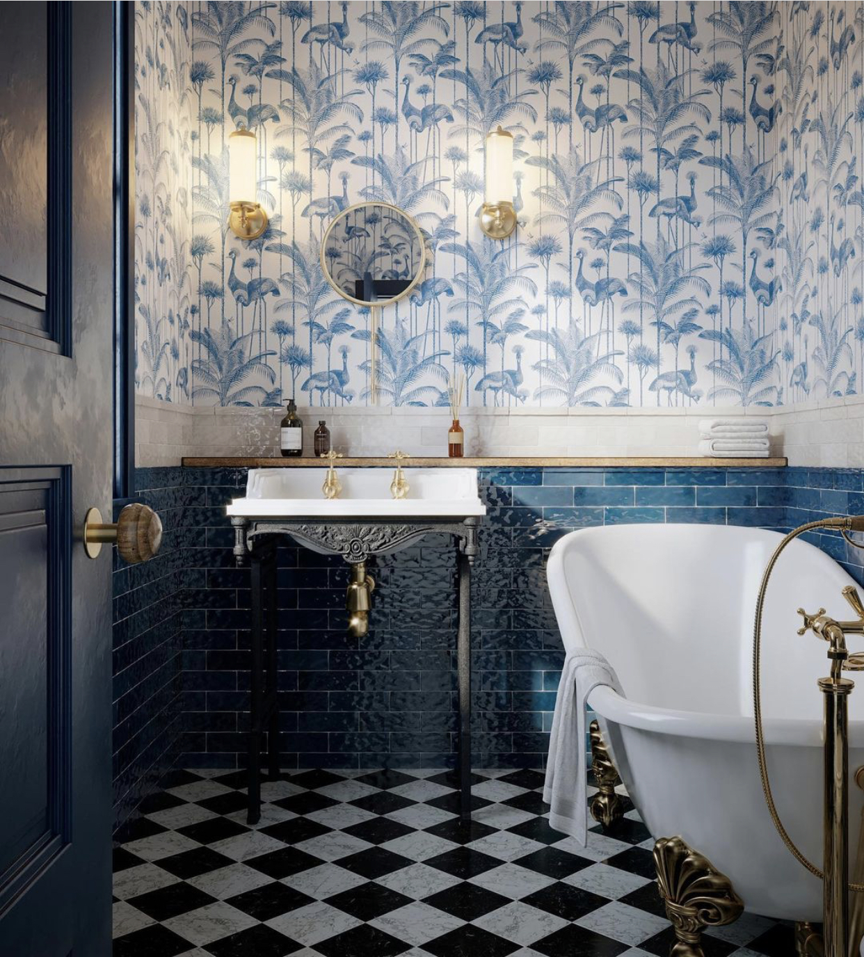 blue bathroom featuring divine savages crane wallpaper