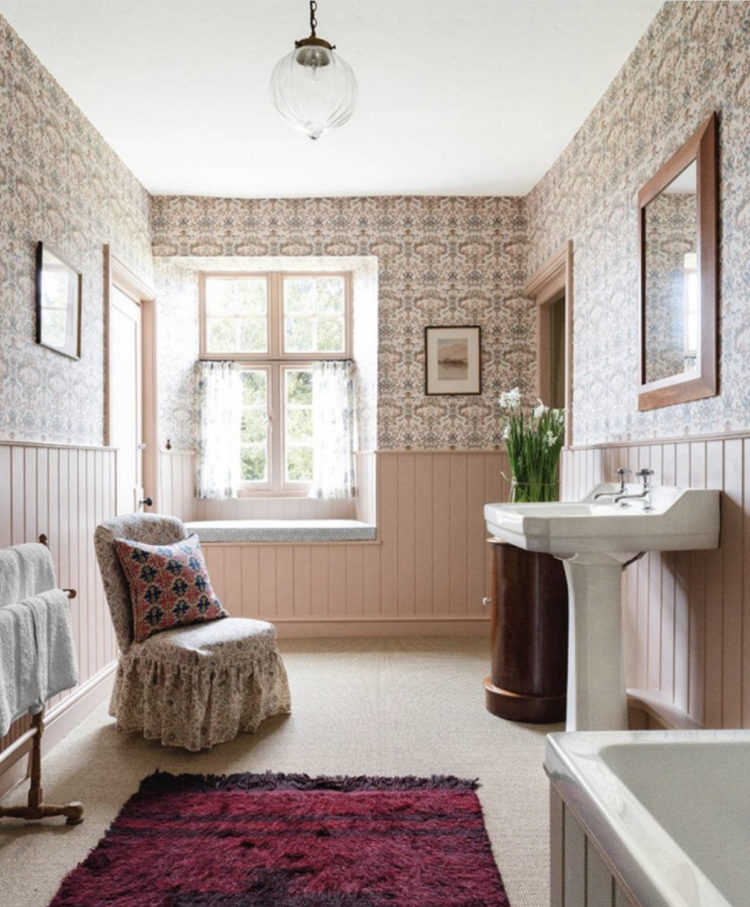 bathroom of carlos garcia interiors, panelling in edward bulmer paint jonquil and wallpaper by Robert Kime, st Abbs image by Paul Massey jpg