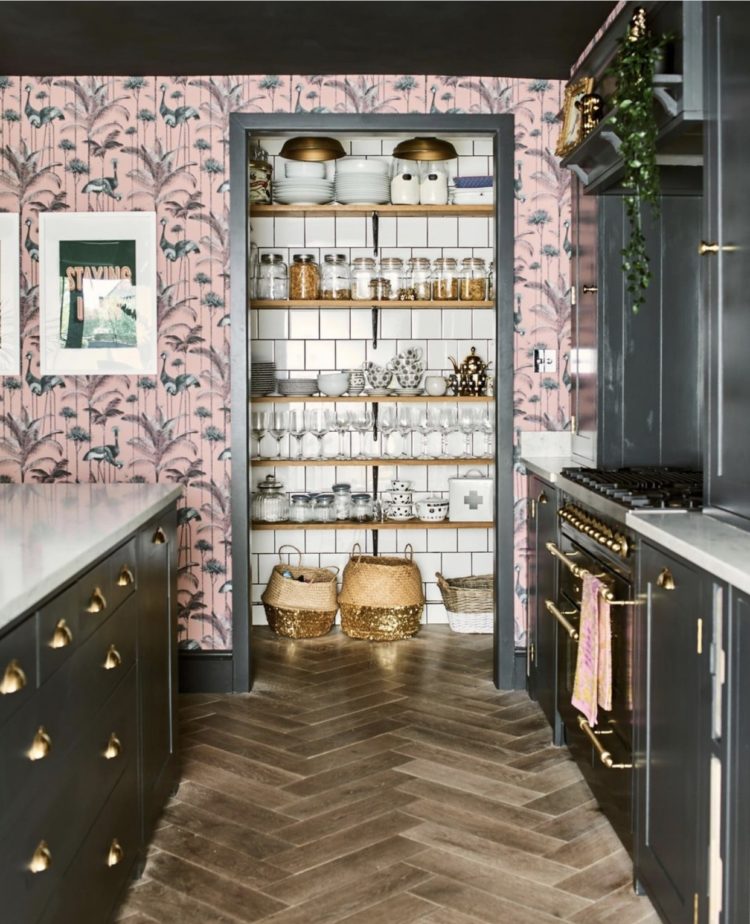 charcoal kitchen by neptune, wallpaper by divine savages, kitchen belonwg to Vicki of @houseofscotton