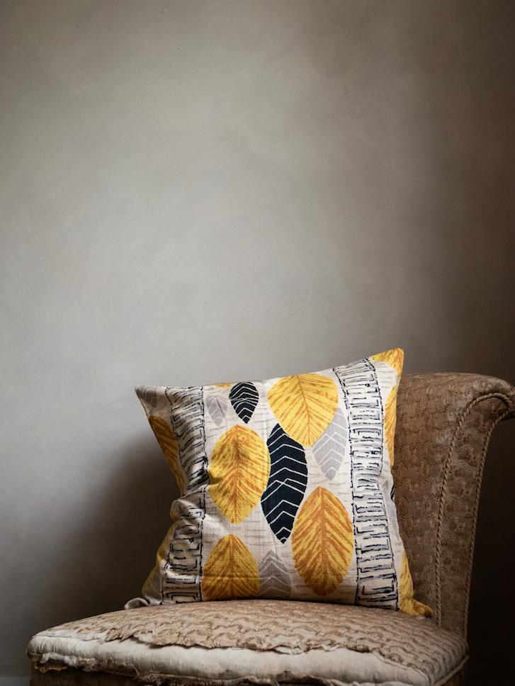 golden leaf cushion by print sisters using vintage fabric and eco filling