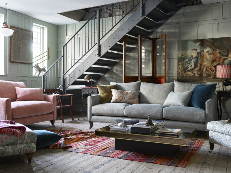 Drew Pritchard Exclusively for Barker and Stonehouse -Harling 4 Seater Sofa in Gracia Grey, £1,680, Harling Snuggler in Chamonix Blush, £988