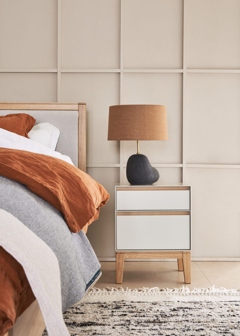 Lars king bed in cashmere £1,299; Lars bedside table in cashmere and oak £399, both by Says Who; Hebe table lamp from £72 by ferm LIVING; Washed bed linen in cinnamon from £22.
