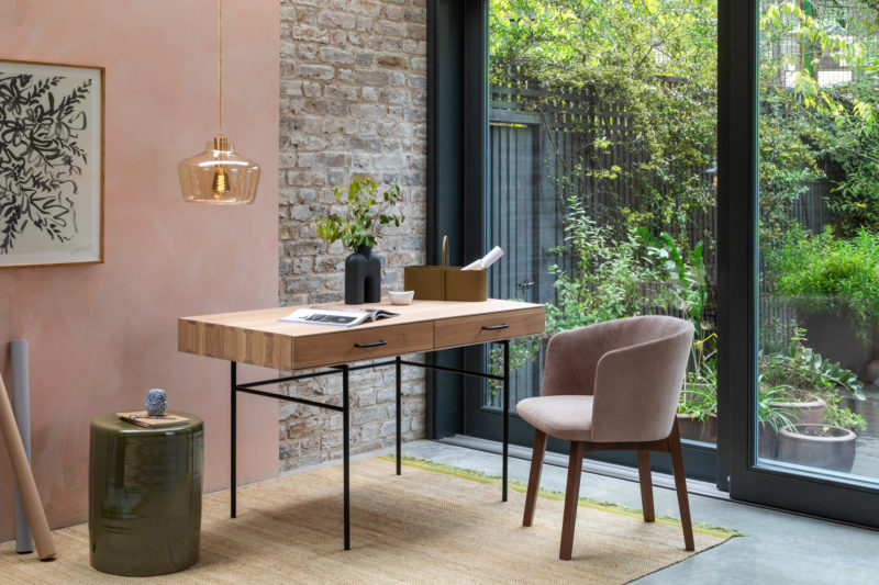 Marano desk £899, Edit chair £449 by Says Who; Kyoto wide pendant gold £249 by Heal’s;