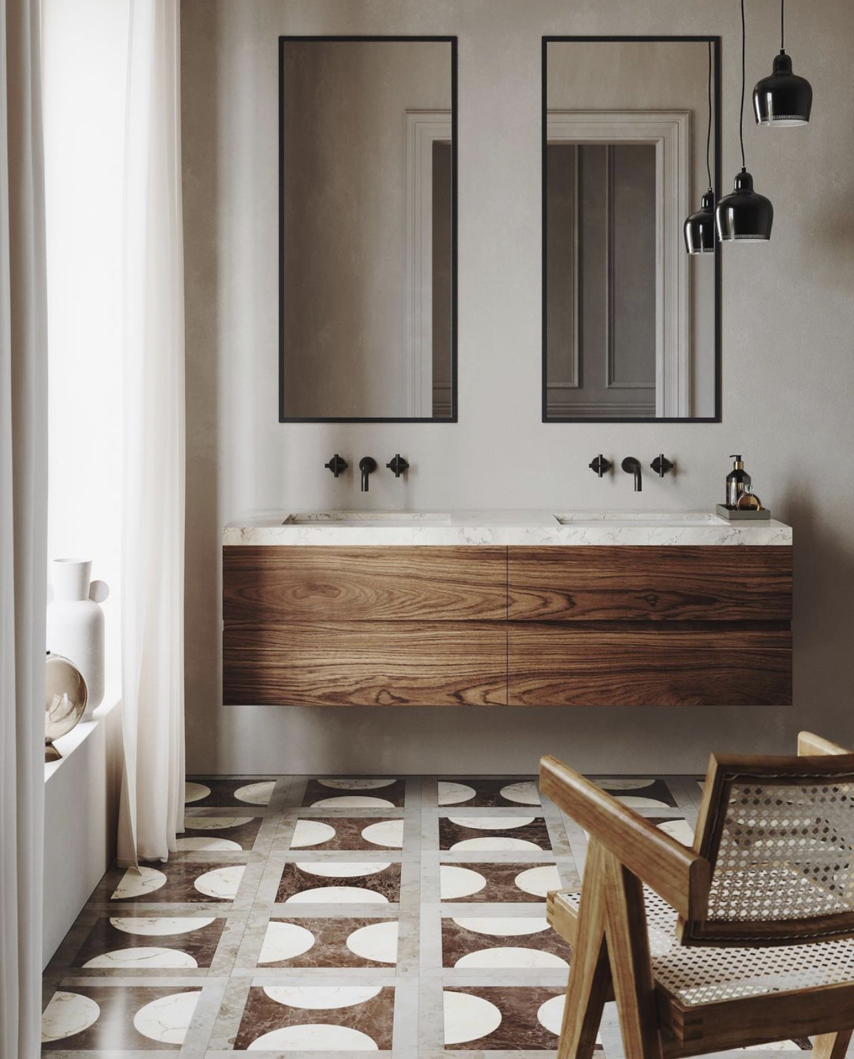 bathroom design by Joanna Laven using vanitas studio traversus vanit and semi tiles