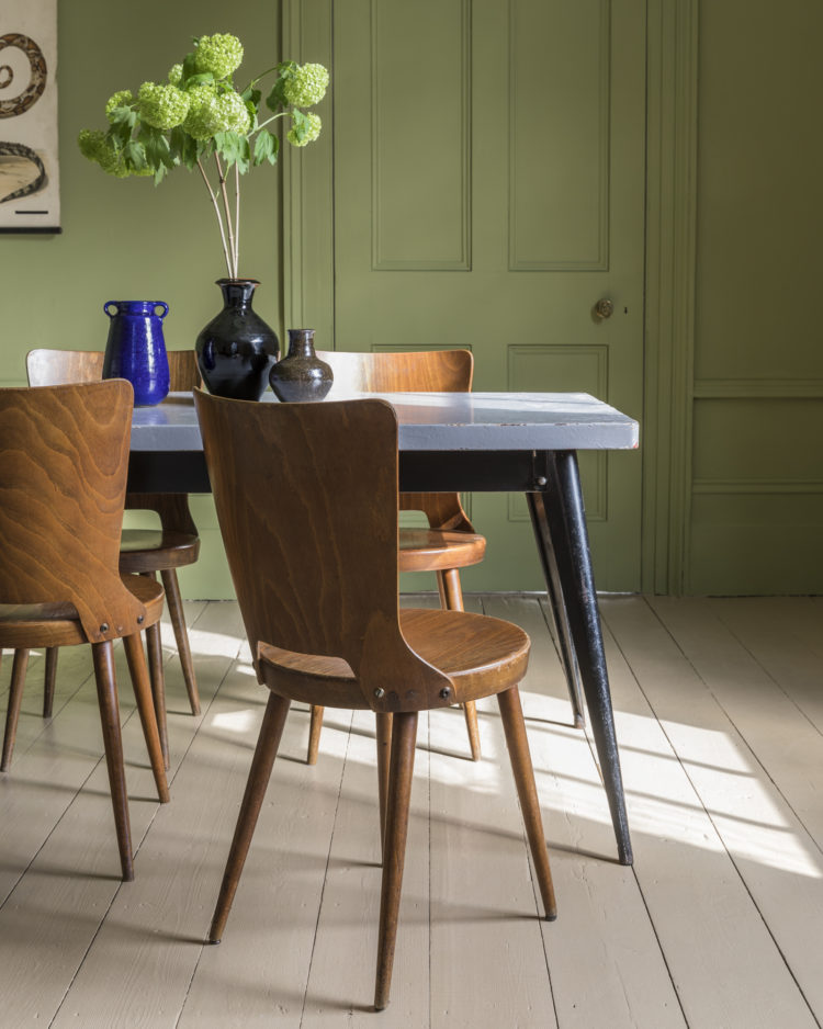 Merchant & Found Baumann chairs and Grey Tolix dining table with Graphenstone air cleaning paint in olive