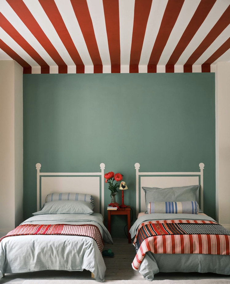 striped ceilings and painted headboards by marianne cotterill for farrow and ball shot by james merrell