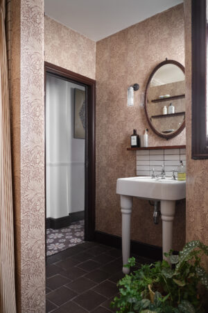 madaboutthehousebathroom with tiles from claybrook studio, sanitaryware by burlington, lights by corston and william morris wallpaper