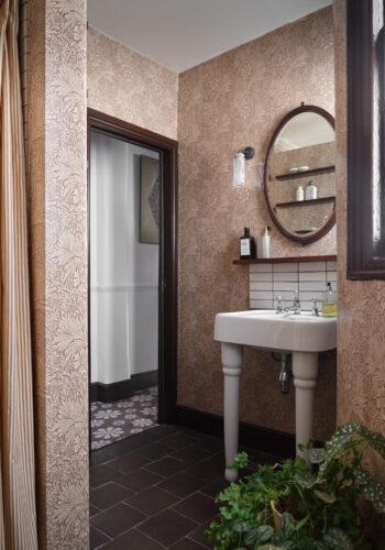 madaboutthehousebathroom with tiles from claybrook studio, sanitaryware by burlington, lights by corston and william morris wallpaper